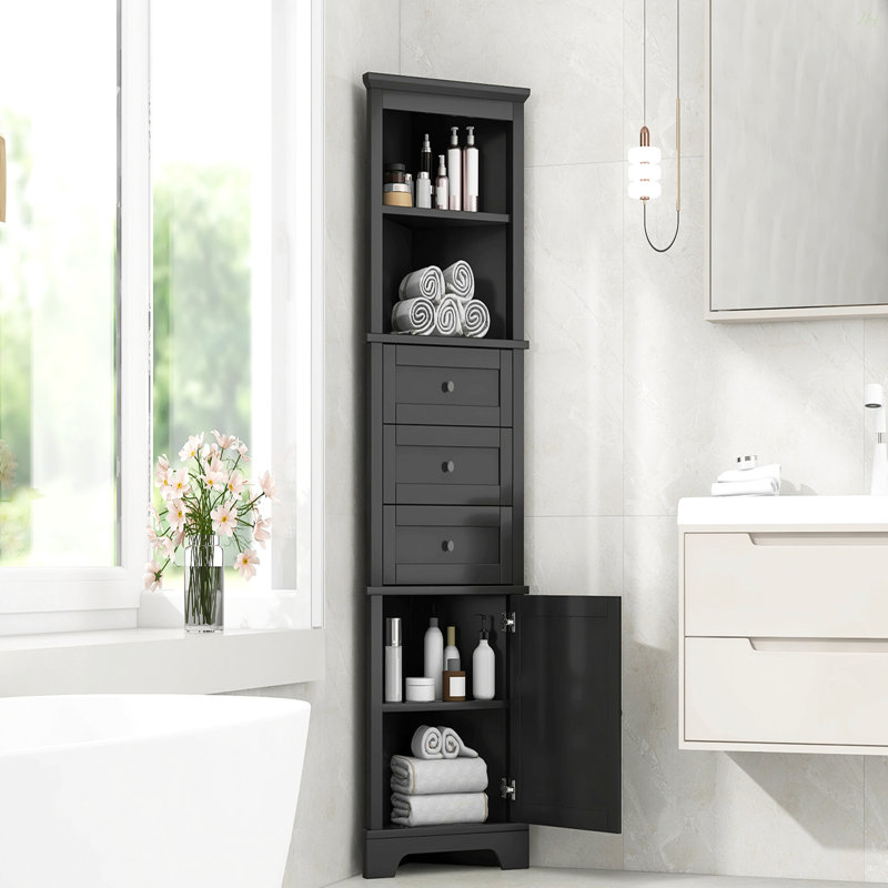 Triangle Tall Cabinet With 3 Drawers And Adjustable Shelves For Bathroom, Kitchen Or Living Room, MDF Board With Painted Finish