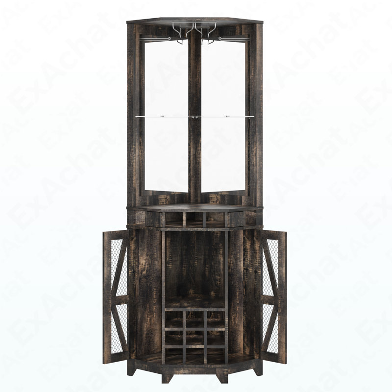 Armoire de bar de style campagnard de 72 po de hauteur - porte de grange avec miroir en acrylique et support en verre pour bar à domicile
