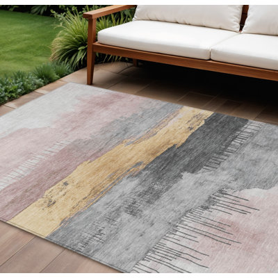 Tapis intérieur/extérieur lavable, abstrait, rose poudré et or, 2,44 m x 3,05 m