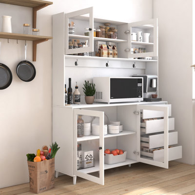 63" W Large Kitchen Hutch Cabinet, Freestanding Pantry Cabinets Storage Kitchen Cupboard With 4 Doors, 4 Drawers & Microwave Shelf by George Oliver