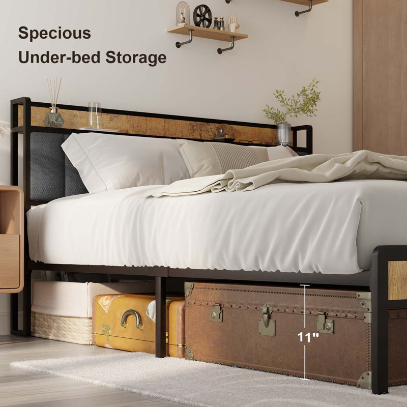 Dark Grey King Metal Platform Bed with Storage Headboard