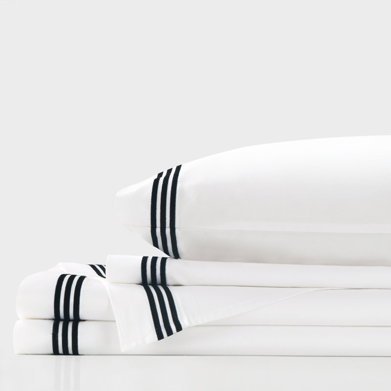 Three Line Hotel Sateen Striped Sheet Set, Queen, Black