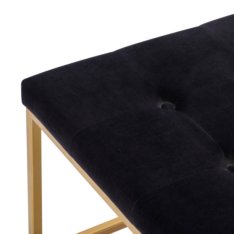 Oronoco 28.1" Wide Tufted Velvet Ottoman with Gold Metal Base for Bedroom or Entryway, Black Velvet
