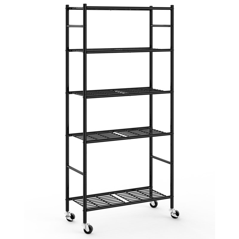Storage Shelves Organizer - 4 Tier Metal Shelf Organizer with Metal Wheels and Adjustable Leveling Feet, Heavy Duty Garage Shelving for Kitchen, Pantry and Closet, 33.1"x12.6"x58.9", Black