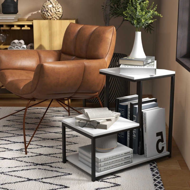 3-Tier Ladder-Shaped Chair Side Table with Storage Shelf