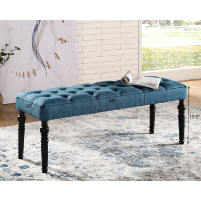Banc bleu à pieds tournés pour la décoration intérieure, en bois massif, 48 x 16 19,5H dans un cadre en bois avec pieds