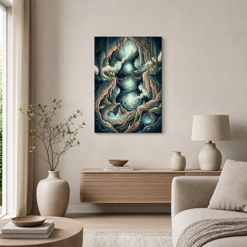 Tableau sur toile représentant une grotte lumineuse turquoise et brune aux racines entrelacées, H 24 po x l 16 po