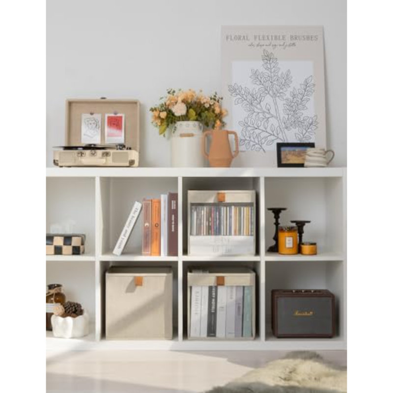 11X11 Storage Cubes, Closet Storage Bins With Clear Window, Fabric Organizer For Clothes, Collapsible Storage Baskets With PU Handles, Brown And Beige, 3-Pack