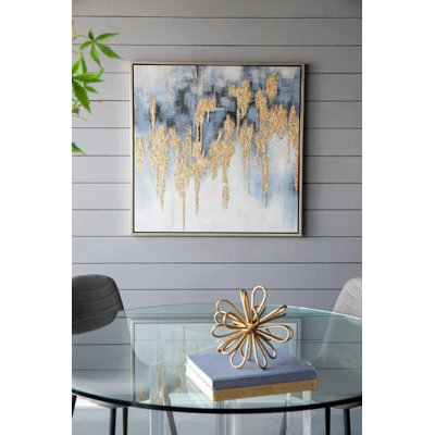Gold Flakes Framed Oil Painting - 39.5"H X 39.5"W X 1.5"L - Gray/Gold/Blue