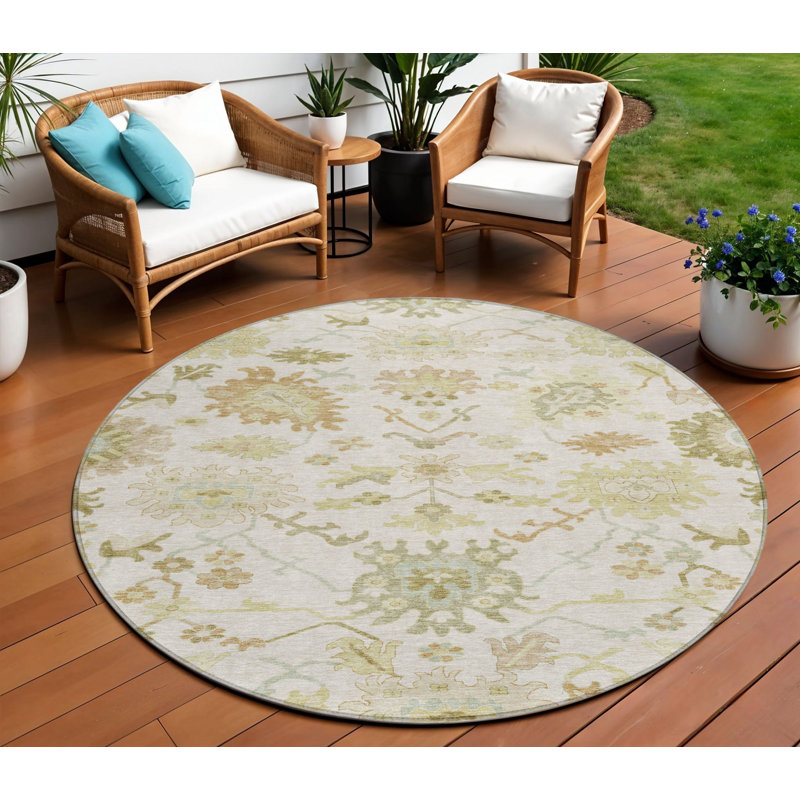 Tapis rond lavable intérieur / extérieur ivoire et vert 8 pi