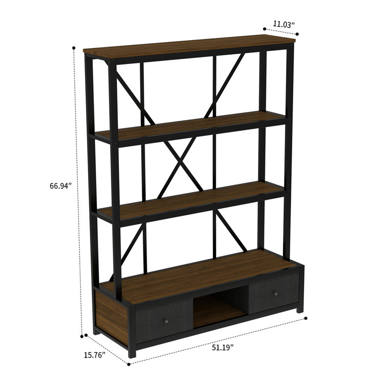 Modern Industrial metal Bookcase with LED Lighting and  Drawers, 3-Tier Display book shelf with Metal Frame, Black/Walnut