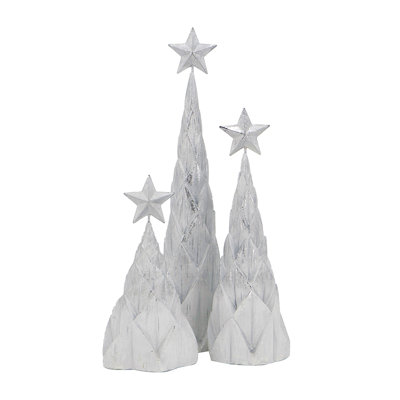 Set Of 3 Resin White/Silver Foil Christmas Tree With Star Top