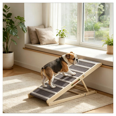 Foldable Pet Ramp for Beds and Cars, Non-Slip Carpeted Dog and Cat Ramp with Wooden Frame