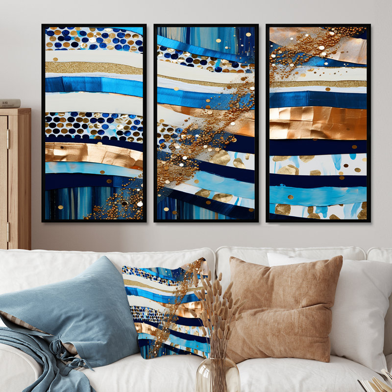 Ensemble de salon art mural Blue Sparkling, Cadre flottant noir, H 32 po x l 48 po x P 1 po