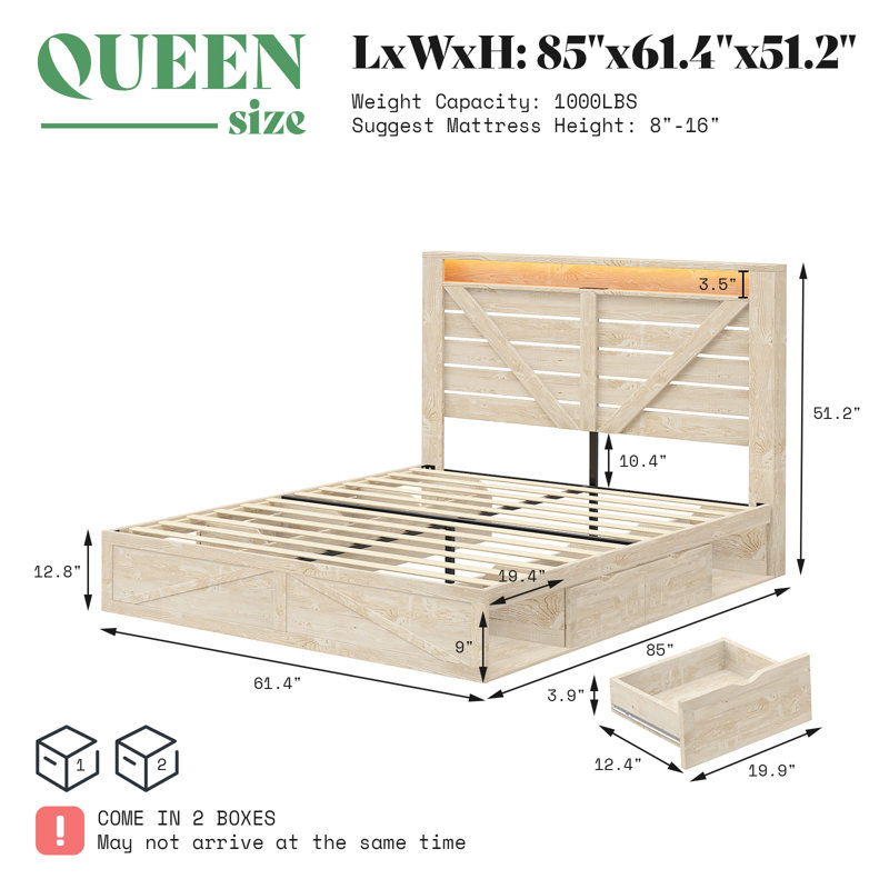 Cadre de lit à DEL avec 4 tiroirs et espace de rangement ouvert Oceant, White
