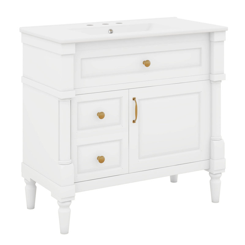 Meuble-lavabo 36 po avec lavabo, tiroir coulissant, porte à fermeture en douceur, bois massif et panneau de fibres à densité moyenne, tiroirs basculants et tablette réglable