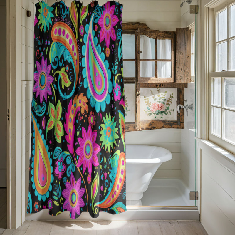 Rideau de douche 1 pièce à motif cachemire noir élégant, H 74 po x l 71 po