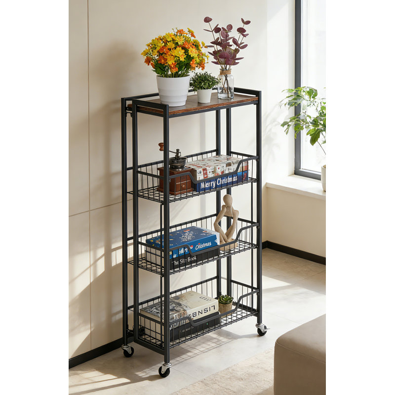 Grand chariot de rangement pliable à 4 niveaux avec roulettes verrouillables - capacité de charge de 100 lb. Îlot de rangement extensible pour organisateur de cuisine.  Étagères de garage. Facile à plier, aucun assemblage requis