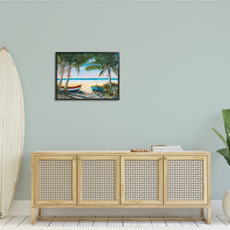 Canots à rames sur la plage, palmiers tropicaux, Giclée encadrée noir minuit, H 24 po x l 30 po x P 1,5 po