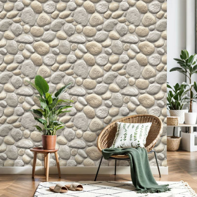 Peel and Stick Wallpaper River Stone Pebble Neutral Beige Gray Tones Rustic Natural Contact Paper Removable Self Adhesive Wall Mural Wall Decor for Bedroom Kitchen Cabinets 17.7in x 118in