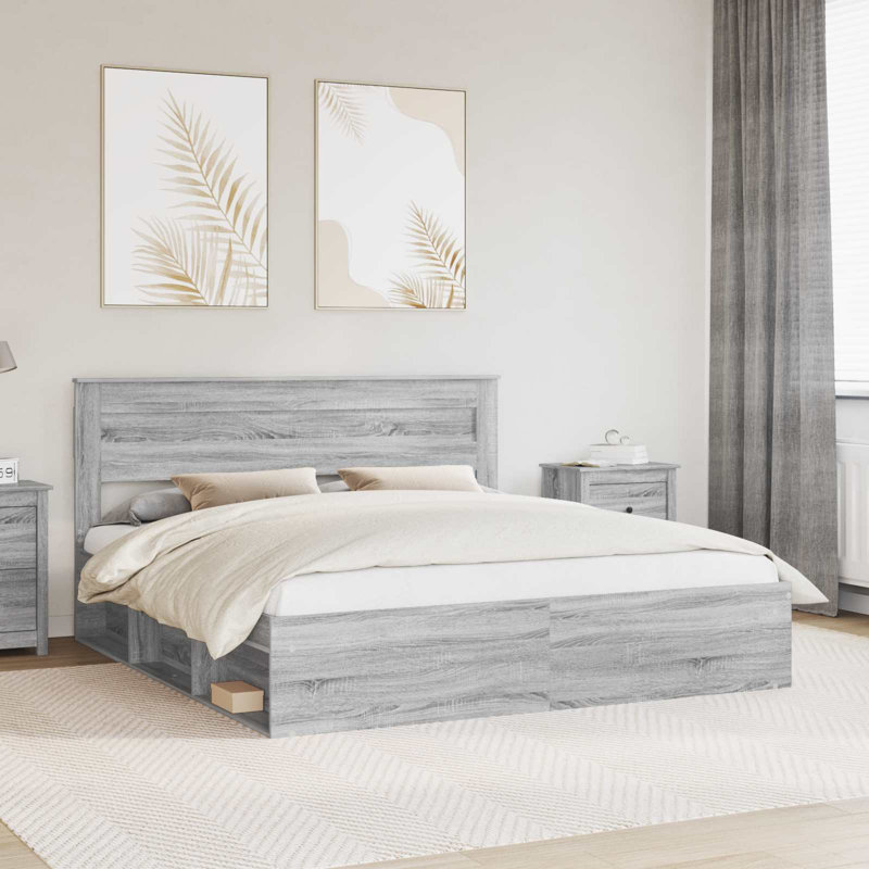 Solid Wood Bed, Super King (200 x 200 cm), Grey Sonoma