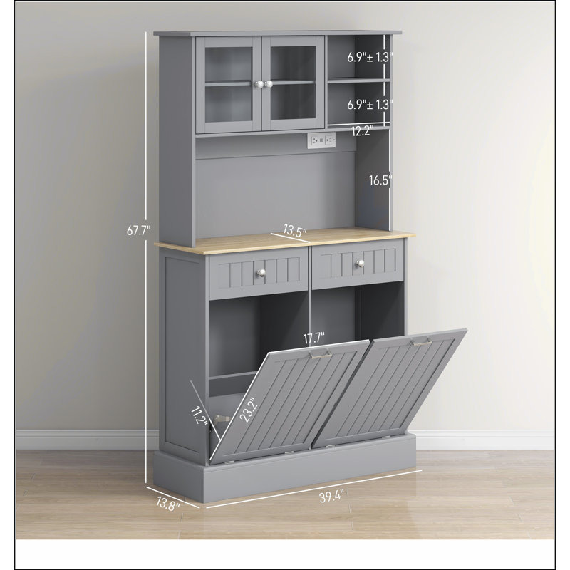 68" Kitchen Pantry Storage Cabinet with Charging Station, 2 Tilt Out Trash Cabinets and Microwave Stand, Freestanding Kitchen Hutch with Glass Doors and Adjustable Shelf