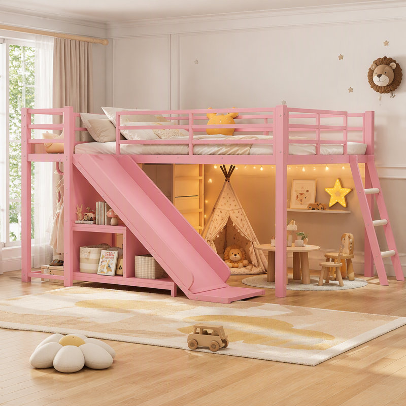 Full Bunk Bed with Built-In Ladder, Pink