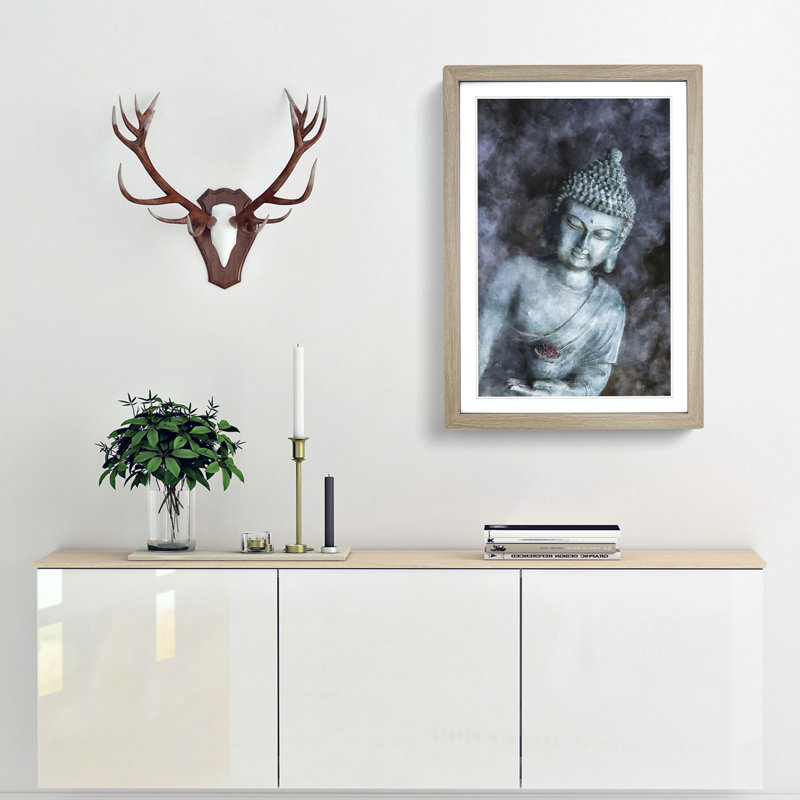 Smoke Surrounding The Buddha Painting - Framed Print, 33cm H x 24cm W x 2cm D, Oak Framed