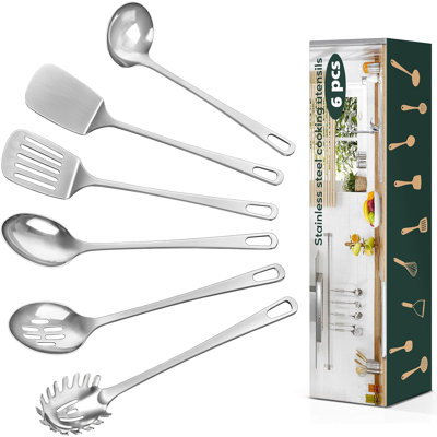 6 Pcs Stainless Steel Kitchen Utensils Set, Heat Resistant Wok Spatula Ladle Pasta Server Easy to Clean Silver