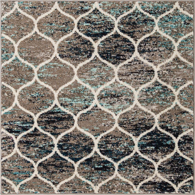 Llanet Geometric Area Rug, Square 4'1", Multi Blue