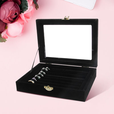 Présentoir à bijoux en velours en verre pour bagues, bagues et boucles d'oreilles. Boîte de rangement pour bijoux et boucles d'oreilles.