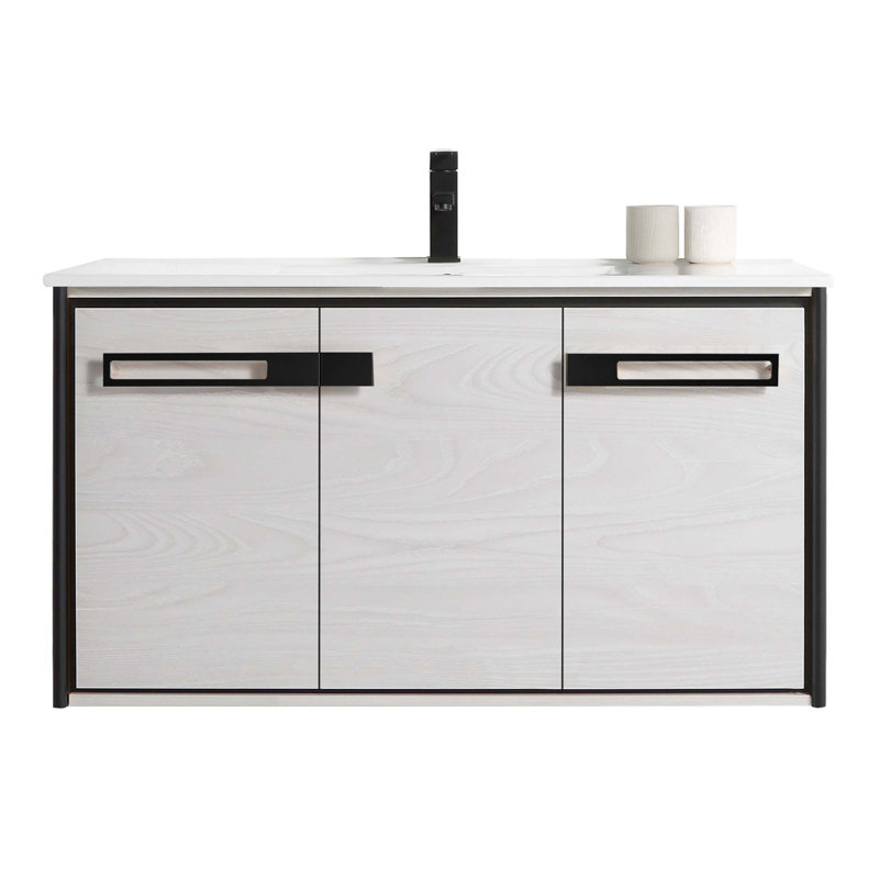 42'' Single Bathroom Vanity with Vitreous China Top, Matte Black, Mild Gray Oak