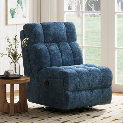 Chaise berçante pivotante à 360 ° pour adultes, fauteuil inclinable manuel rembourré pour les petits espaces, chaise berçante douce avec dossier réglable pour salon, chambre à coucher, chenille, bleu