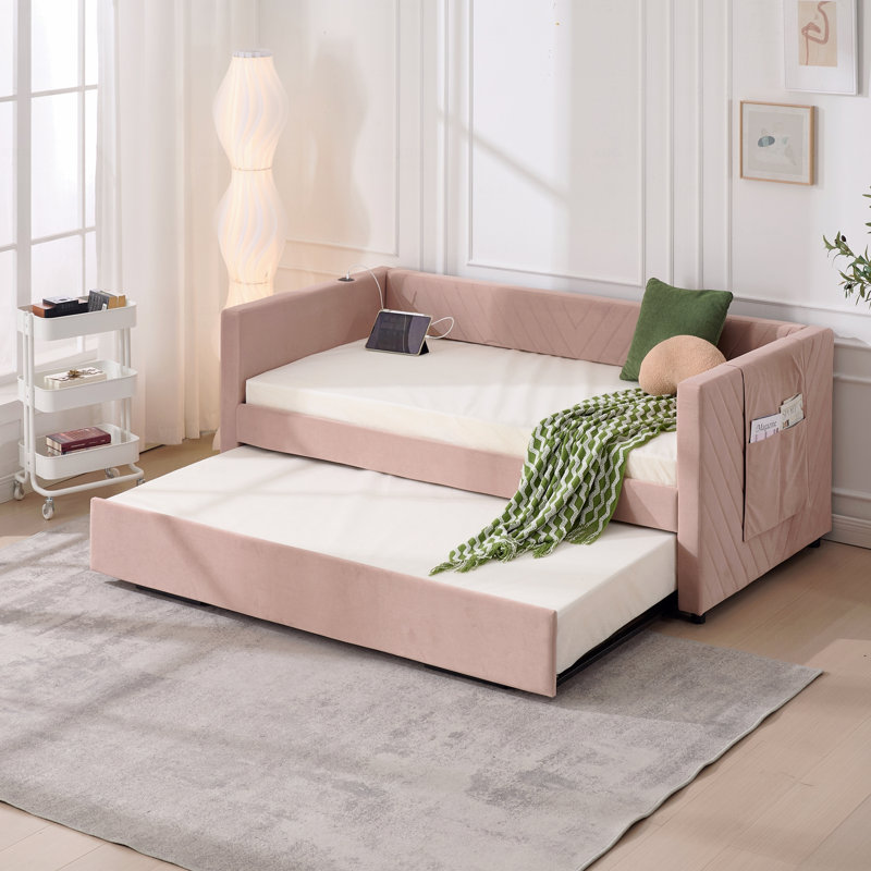 Upholstered Trundle Daybed, Twin Size,USB Port,Side Pockets, Modern V-Grained Backrest Design,No Box Spring Needed, Pink