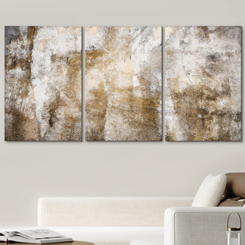 «Minimal Brown White Paint Stroke Collage Abstract Shapes Modern Art Decor on Canvas», reproduction de 3 pièces, Toile tendue