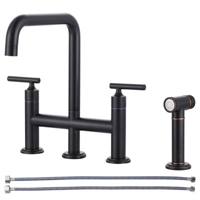 Brass 8" Deck Mount Bridge Kitchen Faucet With Brass Pull Out Side Sprayer, 4-Hole Double Handle Ktichen Faucet