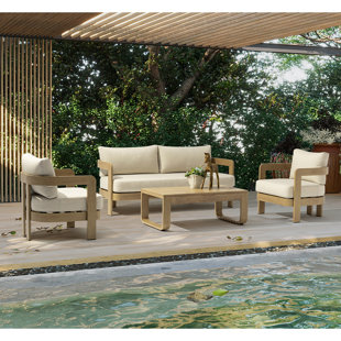 Assembly Free Sofa, Quick Assembly Coffee Table,Outdoor Aluminum Sofa Set,  5 Person Outdoor Seating Sofa, Wood Grain Veneer Sofa Set for Patio