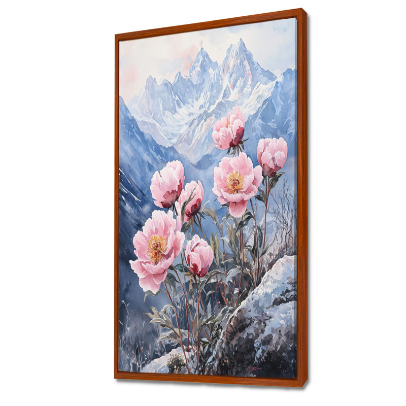 Pivoines par les sommets enneigés II - pivoines, art encadré, H 60 po x l 28 po, Brun, Reproduction avec cadre flottant