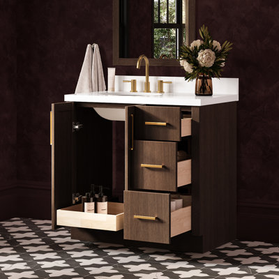 Meuble-lavabo de salle de bain avec lavabo ovale simple décalé à gauche de 94 cm (37 po) et comptoir en quartz blanc pur de 3,8 cm (1,5 po) d'épaisseur, fini chêne brun