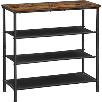 Range-chaussures Vasagle, range-chaussures à 4 niveaux pour 9 à 12 paires de chaussures, range-chaussures pour le vestibule, avec 3 tablettes en tissu et plateau en bois, structure en acier, brun industriel et noir Ulbs035b01
