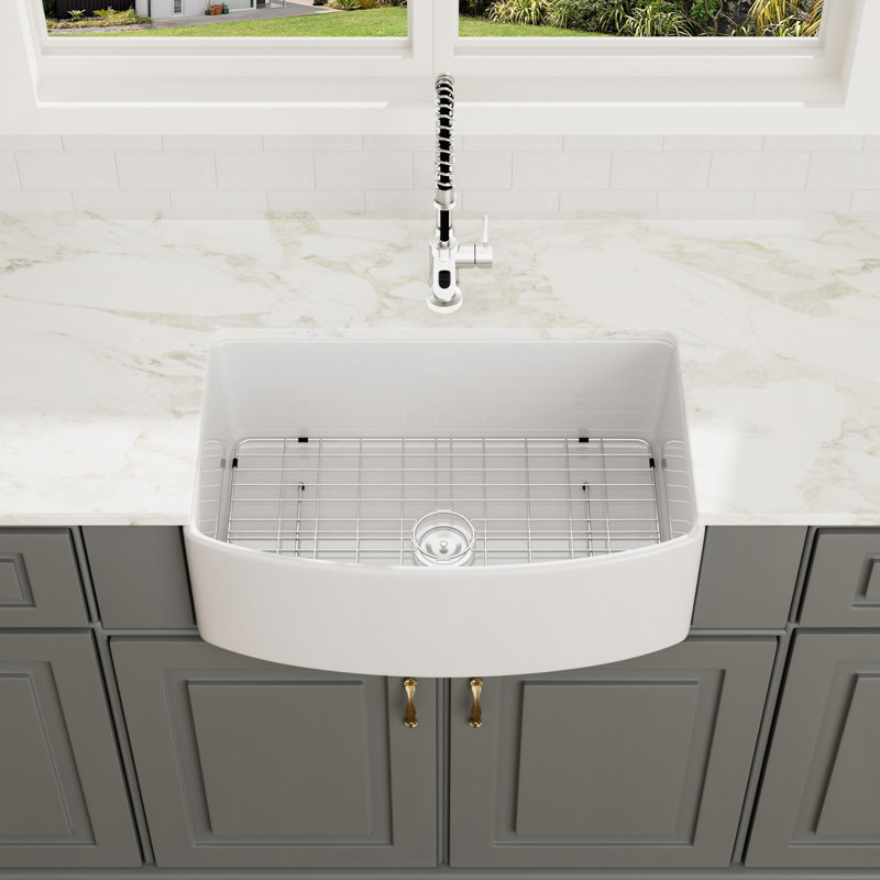 Évier de cuisine à cuve simple en céramique blanche à tablier frontal L 30 po x l 19 po
