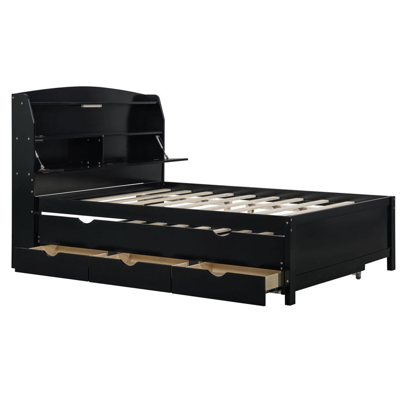Lit plateforme en bois avec lit gigogne et tête de lit avec tiroirs, espresso, Lit double
