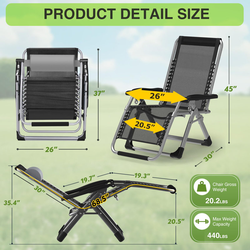 Zero Gravity Chair 2Pcs Set, 440 Lbs Heavy Duty Reclining Patio Lounge Chair With Cushion, Upgraded Aluminum Lock, Cup Holder & Pillow, Foldable Outdoor Lawn Chair