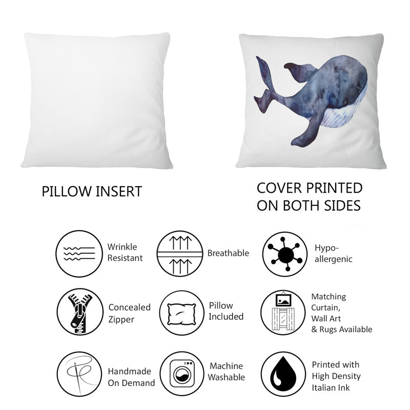 Coussin Blue Whale On White IV - Nautical & Coastal, 16 po x 16 po