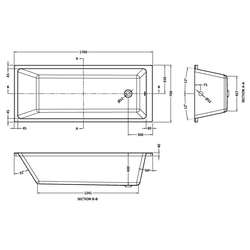 Linton x Drop-In Soaking Acrylic Bathtub, 40cm H x 75cm W x 170cm L