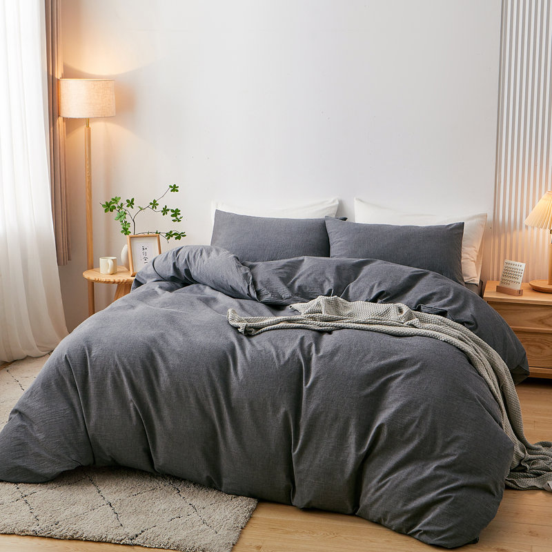 Ensemble de housse de couette 100% coton lavé Doneus, Housse de couette pour grand lit + 2 taies d'oreil, Gris foncé