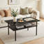Table basse 38,6 po moderne en verre trempé noir avec tablette en bois et pieds en métal