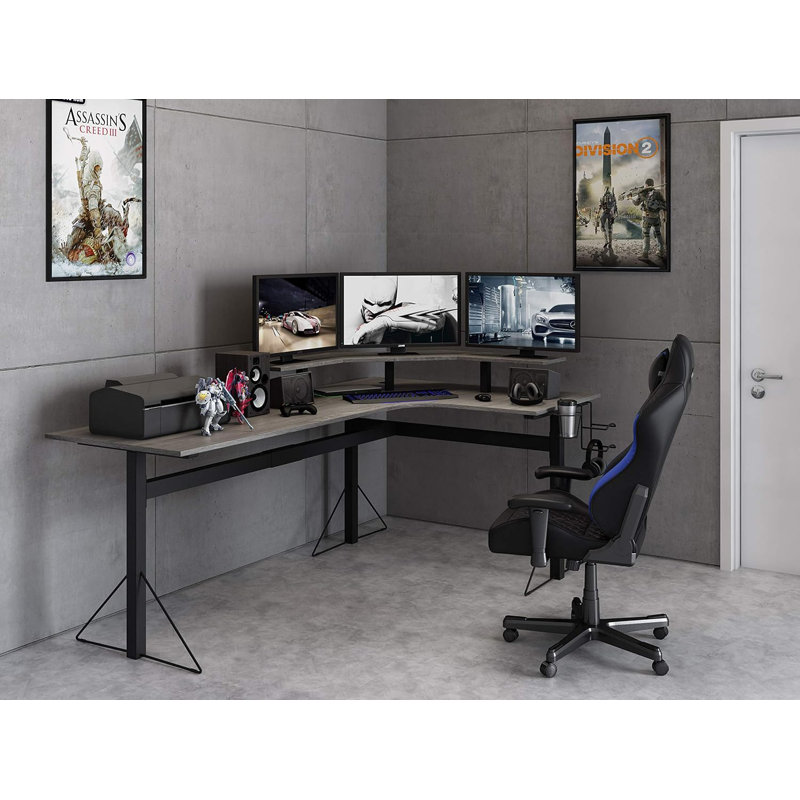 Professional Gaming L-Desk With Built-In Power Outlets, USB Ports, Elevated Monitor Stand, And Ample Storage
