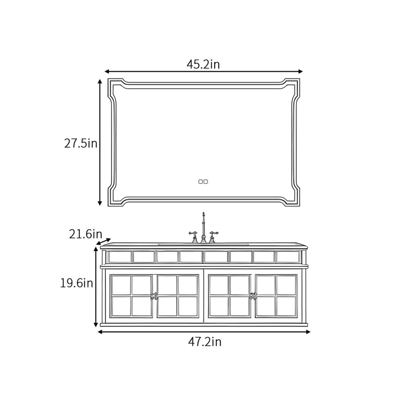 Armoire de salle de bain rétro française, H 19,6 po x l 47 po x P 21,6 po