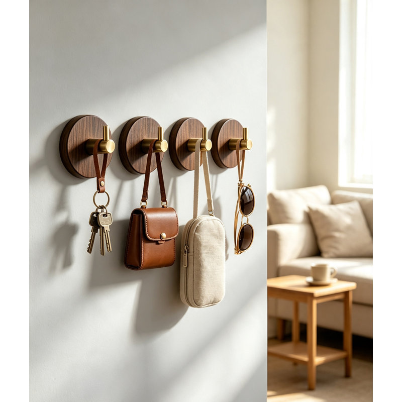 Patères murales en bois, porte-manteau en bois naturel, crochets robustes, ensemble de 4, Brun